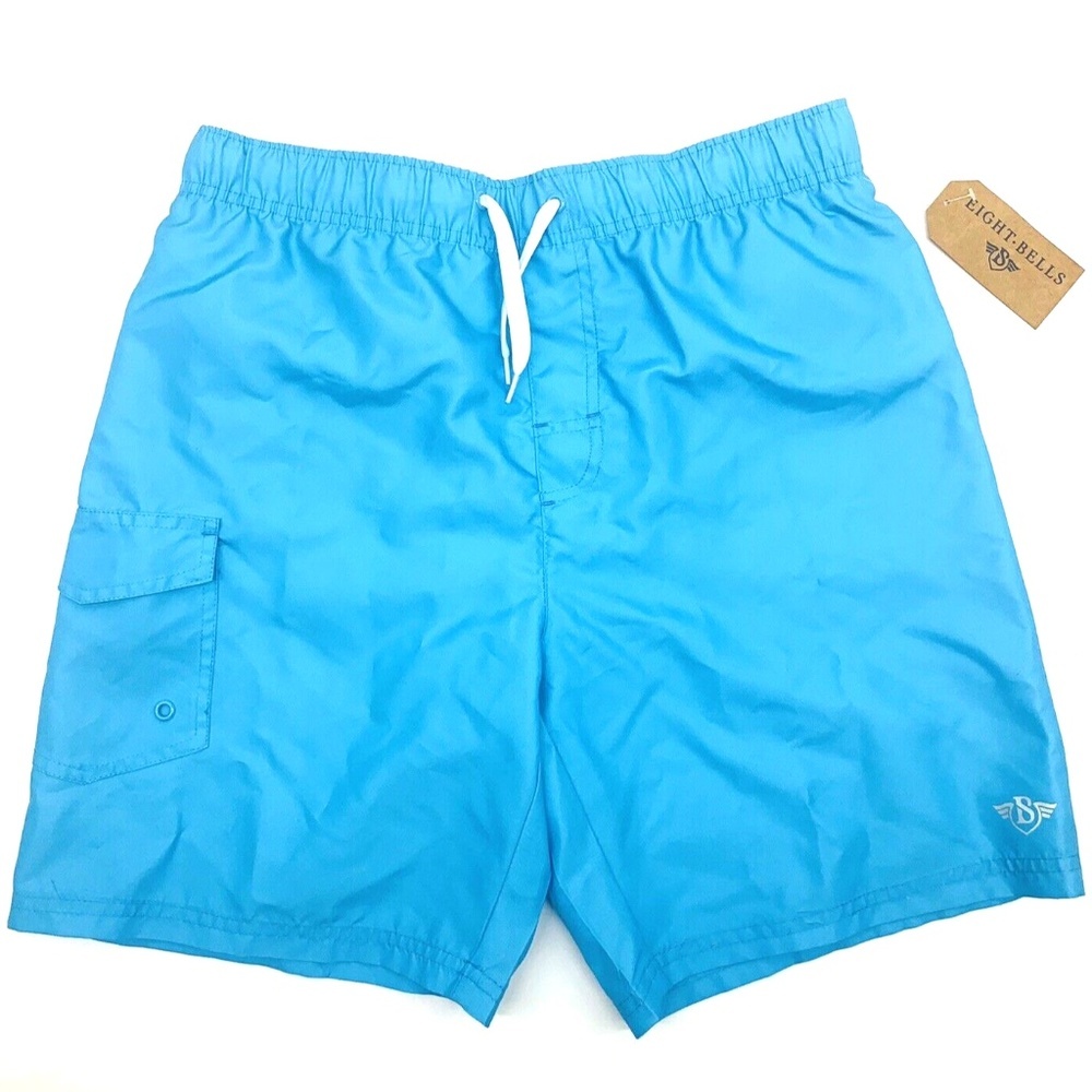Eight Bells Mens Swim Trunks Medium Cyan Blue Cargo Pocket Mesh Lined NWT